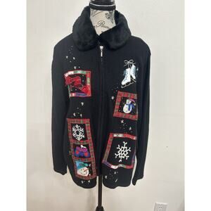 Winter Embroidered Black Sweater W/Faux Fur Collar Whimsical Holiday Granny XL